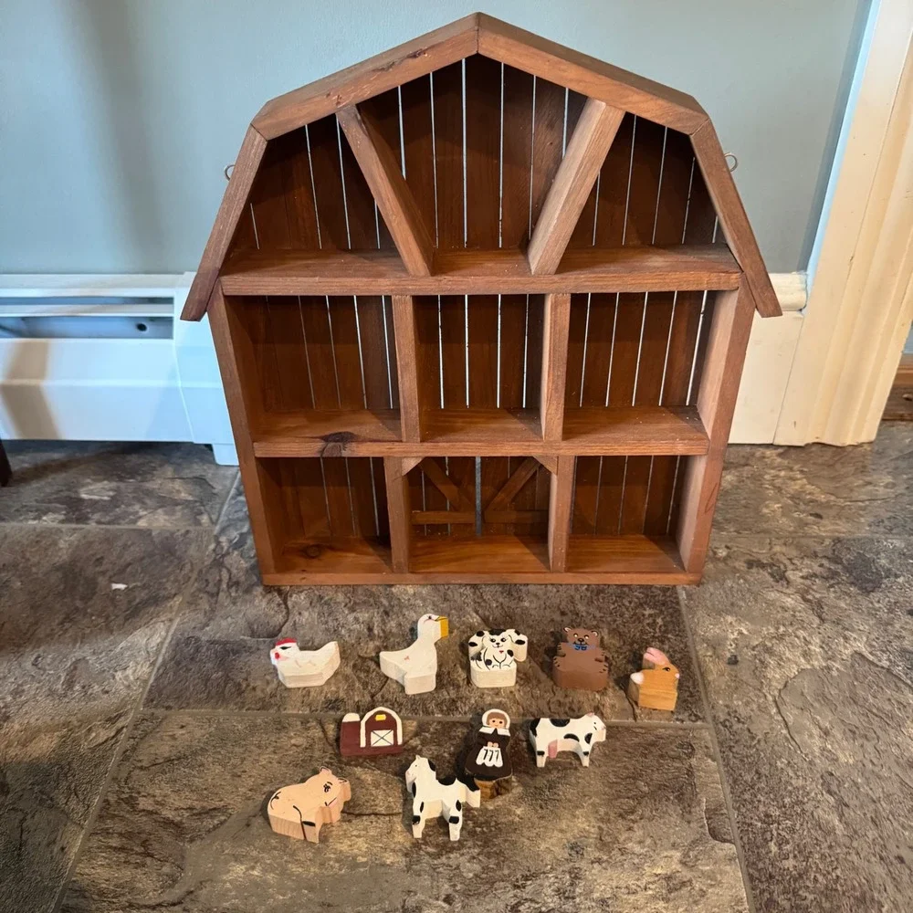Vintage Cottagecore Farmhouse Barn Wood Shadow Box Display Shelf with Miniatures